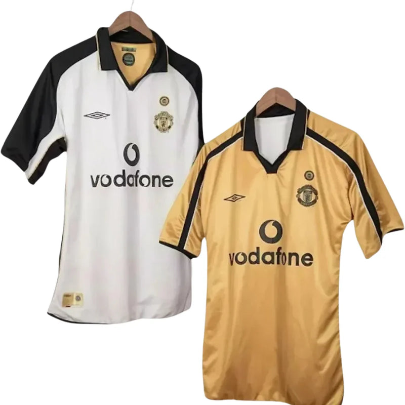 Camisa Manchester United 01/02 Modelo Retrô 100 Anos Masculina- Braca e preta, Dourada e Preta Dupla Face